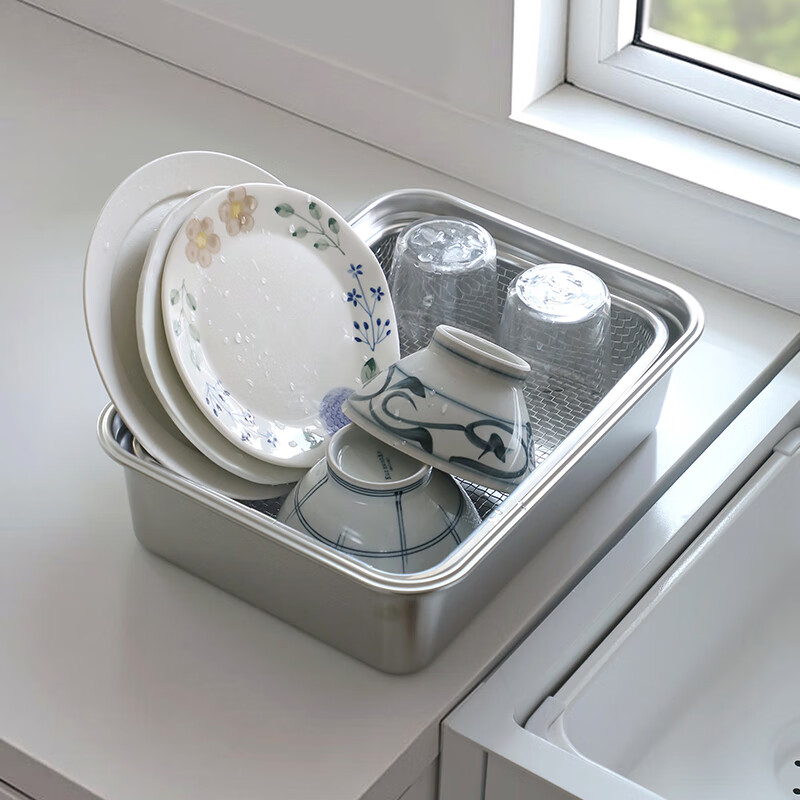 SHIMOYAMA 304 stainless steel vegetable washing and draining basket single-slot deep fruit and vegetable washing basin large square dish draining rack 5L vegetable preparation basin - width 32.7*depth 23.7*height 1