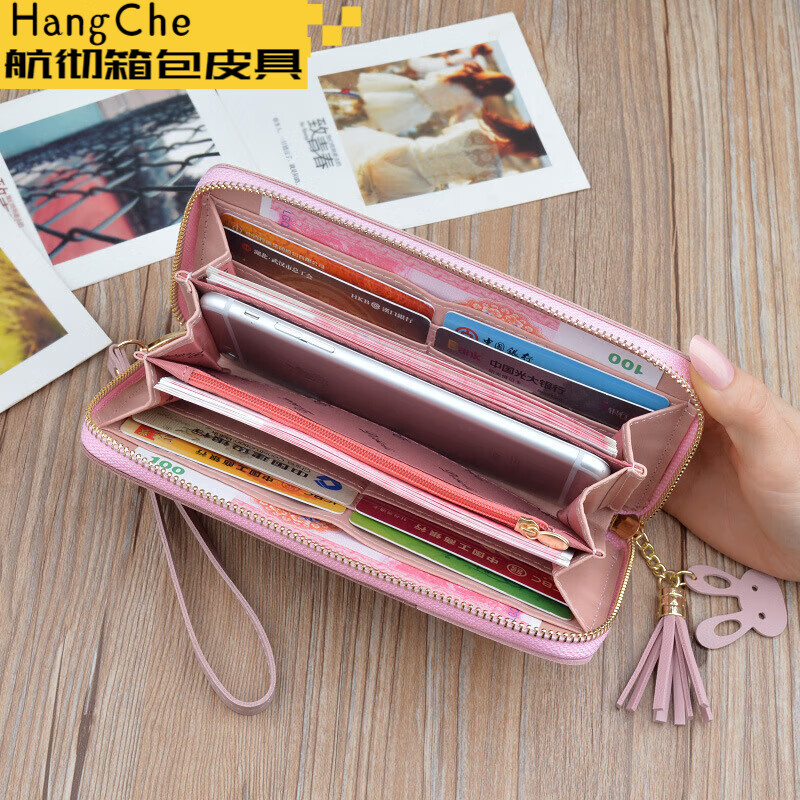 Ms. Ye Yu's hand wallet, women's long, simple, contrasting color splicing, personalized student large-capacity zipper bag can hold mobile phones, trendy pink - contrasting color splicing single pull