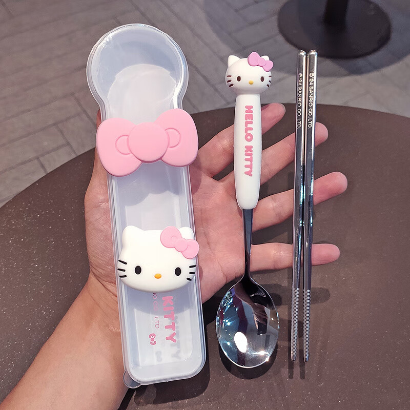 Shiganu Sanrio 304 stainless steel portable tableware single child cartoon chopsticks spoon office worker three-piece set genuine kitty (free three-dimensional stickers)