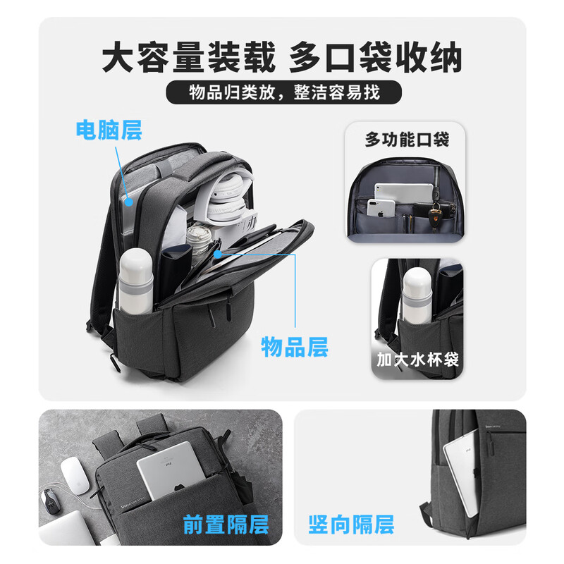 JINSHIWQ Backpack Men's and Women's Backpack Notebook 16/17-inch Computer Bag School Bag College Student Standard - Obsidian Black Small Size