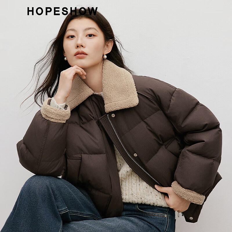 Red sleeve (hopeshow) Barn style down jacket 2025 winter new women's 90 white duck down splicing lapel loose warm short coat Ice fog blue 402 S