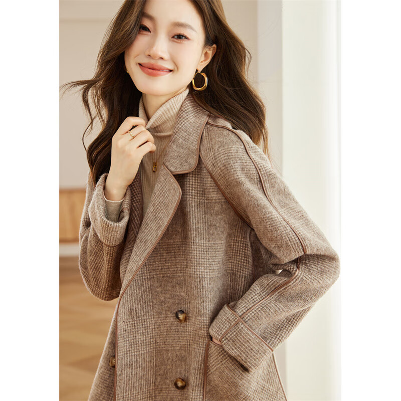 Shangjing Wool Coat Women's 25 Winter New Women's Suit Collar Plaid Contrast Color Wool Double-sided Wool Coat Top Women