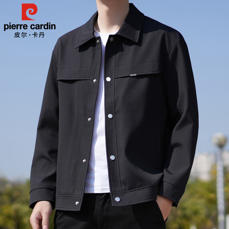 Pierre Cardin Jacket Men's Spring Autumn and Winter Trendy Fashion Work Jacket Men's Casual Lapel Clothes Men's Black XL