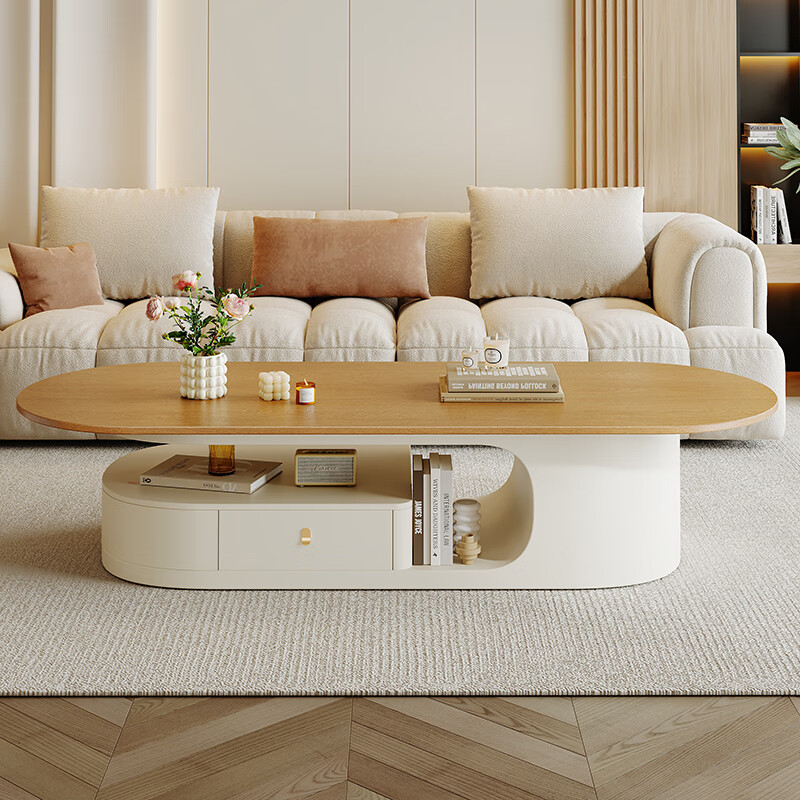 Home cream style living room solid wood coffee table small apartment home light luxury oval table tea table antique style high-end tea table solid wood countertop rosewood color oval coffee table 120*60*42cm