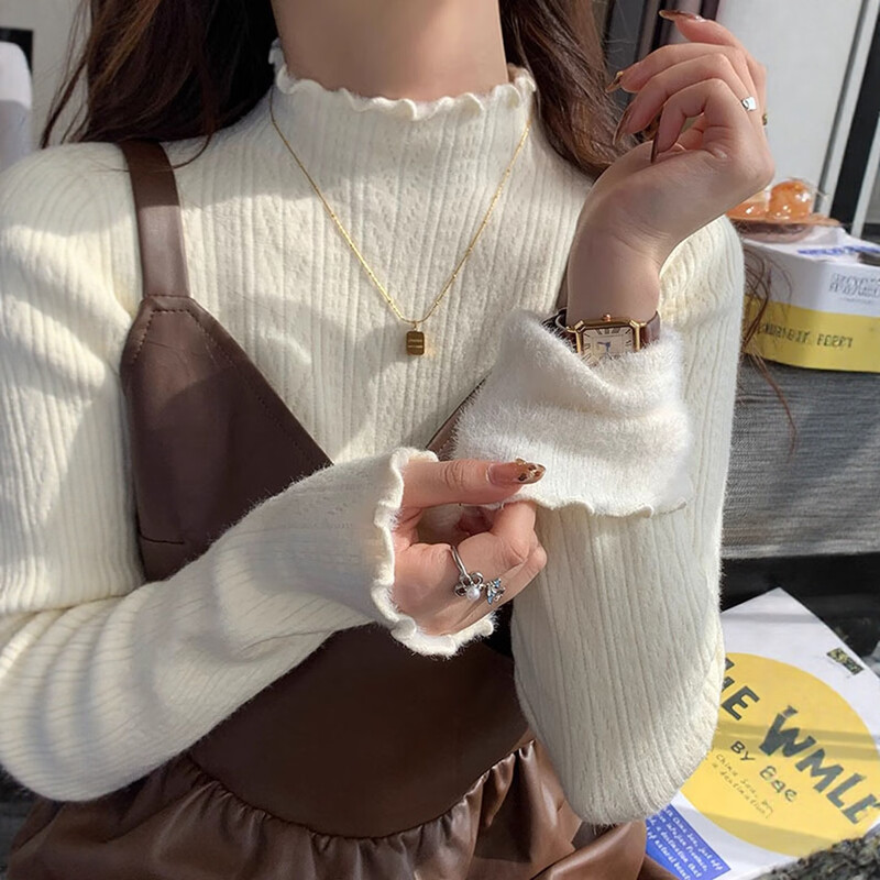 Yu Zhaolin (YUZHAOLIN) velvet bottoming shirt women's half turtleneck thickened autumn and winter new style inner white knitted top with fungus edge