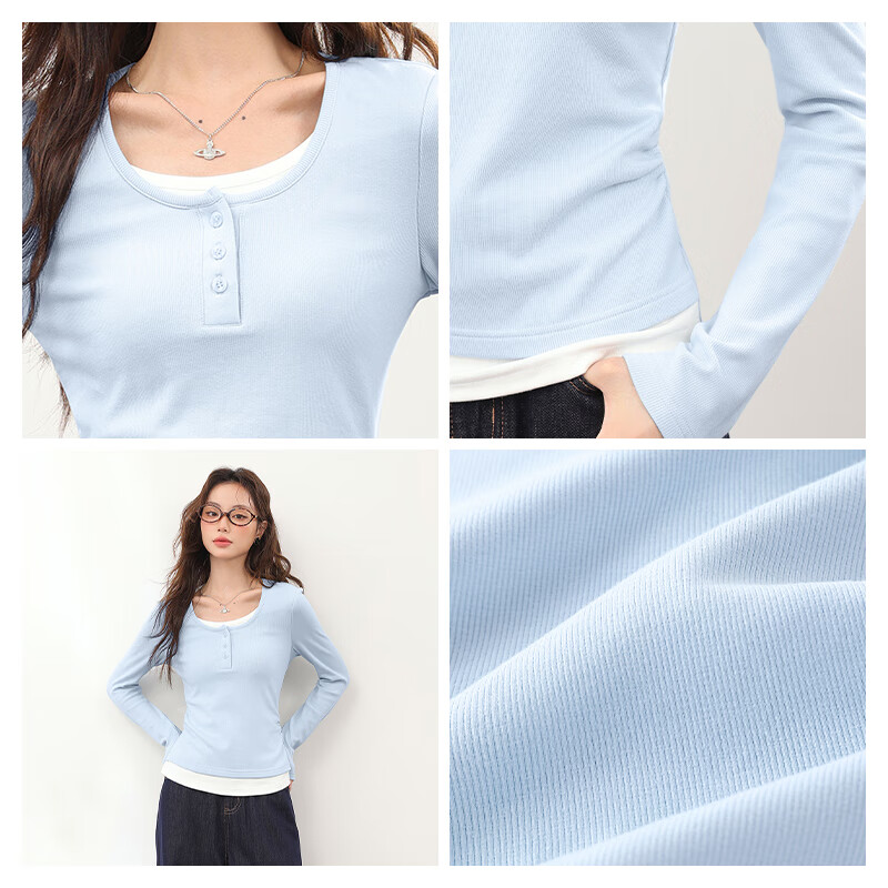 MJ STYLE contrasting fake two-piece long-sleeved T-shirt for women 2026 spring and autumn new Korean style slim fit right shoulder inner layering shirt