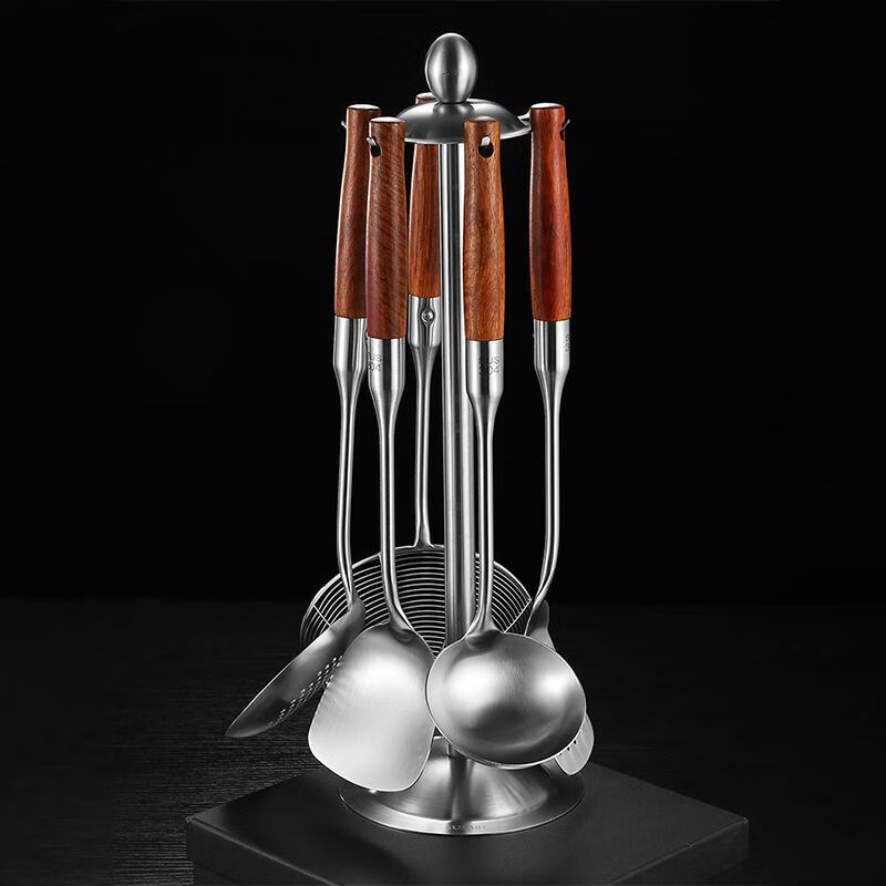 Muke thickened 304 stainless steel spatula solid wood handle household kitchen utensils cooking shovel soup spoon frying spoon combination set six-piece set including kitchen utensil rack