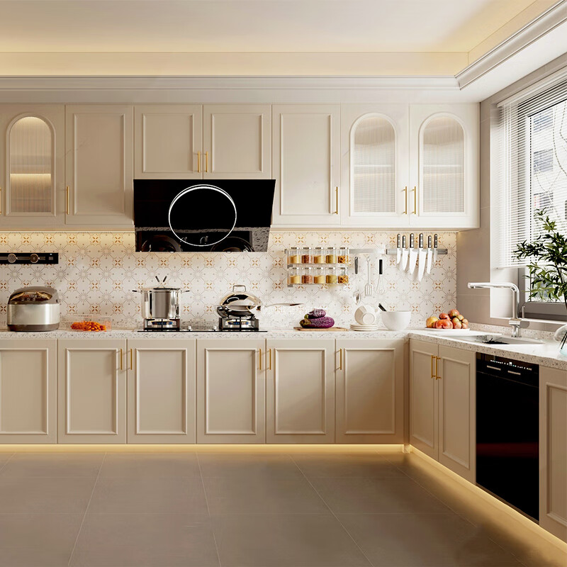 Huili Dejin Kaiyue cream style French cabinets retro light luxury cabinets overall home kitchen U-shaped whole house customization deposit 1 meter