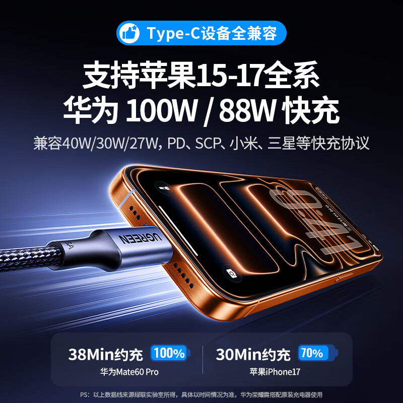 Greenlink mobile game elbow double-ended Type-C data cable PD100W fast charging ctoc charging cable suitable for Apple 17/16/15 Huawei Honor Xiaomi tablet notebook 2 meters