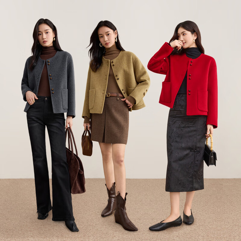 Shandubila warm thick double-sided woolen coat for women winter wool light luxury round neck straight coat contrasting design cardigan top