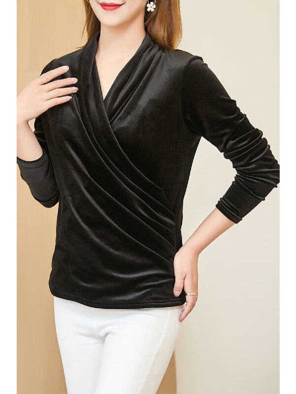 Black V-neck autumn top for women, slim waisted long-sleeved gold velvet European style fashionable European station T-shirt for women blue velvet thickened 2XL recommended 135-150 catties