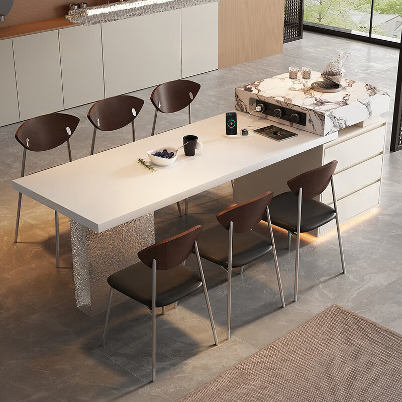 Maifang Baoge retro-style island dining table with integrated retractable high-end all-rock board home dining side cabinet kitchen guide table, induction cooker type + tea making type, island dining table + 4 chairs, one-legged 2m