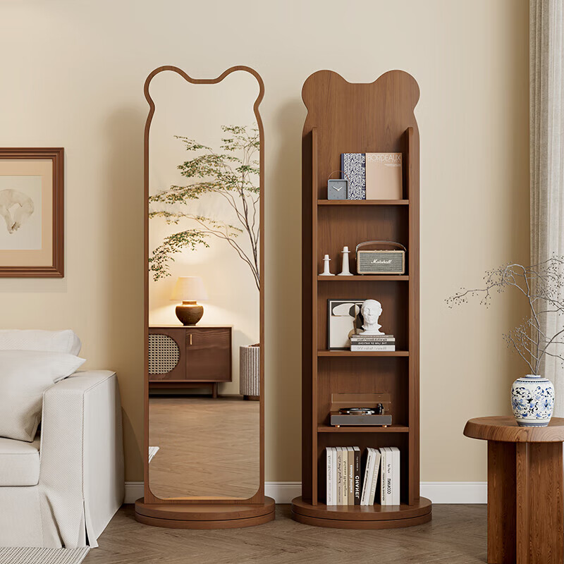 Jingxi Selection Mirror Bear Bookshelf Rotating Moving Full Body Mirror Bookshelf Integrated Mirror Storage Mirror Rotating Bear Style Walnut Color 40*168cm