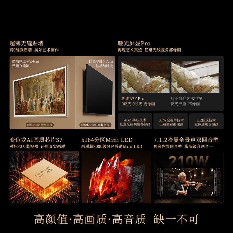 Skyworth TV A7F Pro 100-inch wallpaper TV Mini LED matte screen display ultra-thin seamless wall-mounted flicker-free screen eye protection certification national subsidy