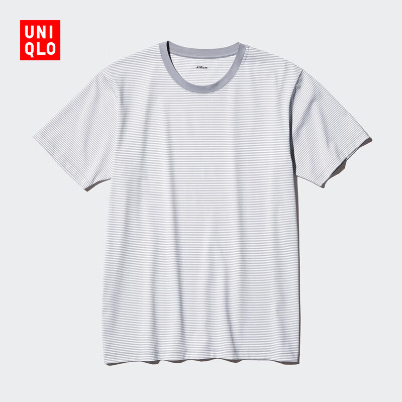 Uniqlo Men's AIRism Cotton Blended Round Neck Striped T-Shirt/Short Sleeve 25 Spring and Summer New Style 478796 03 Gray XL/180/105