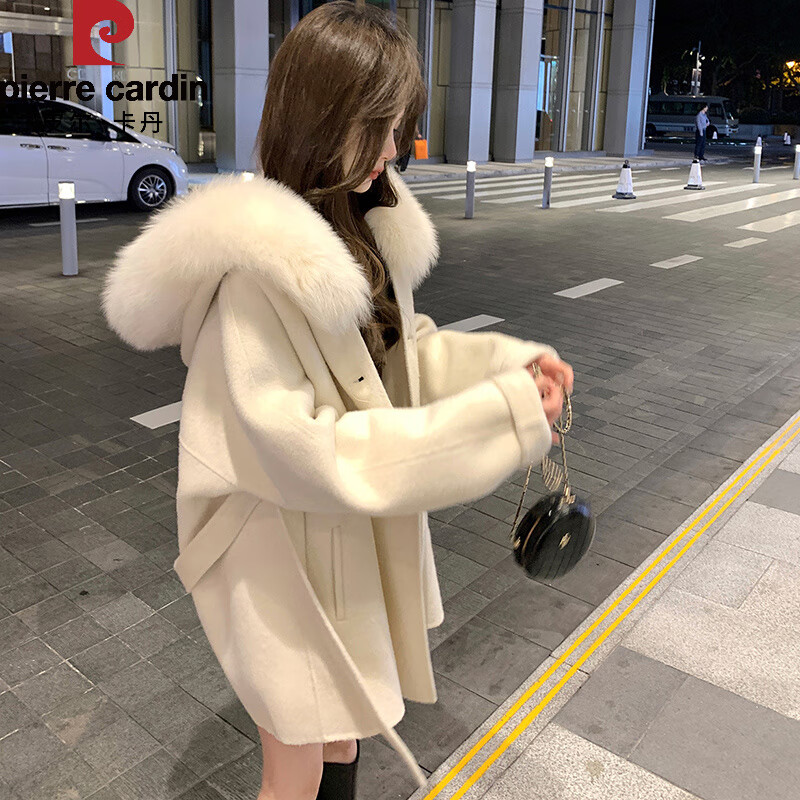 Pierre Cardin white double-sided cape coat for women 2025 new autumn and winter small thick short woolen coat white L 115 catties-130 catties