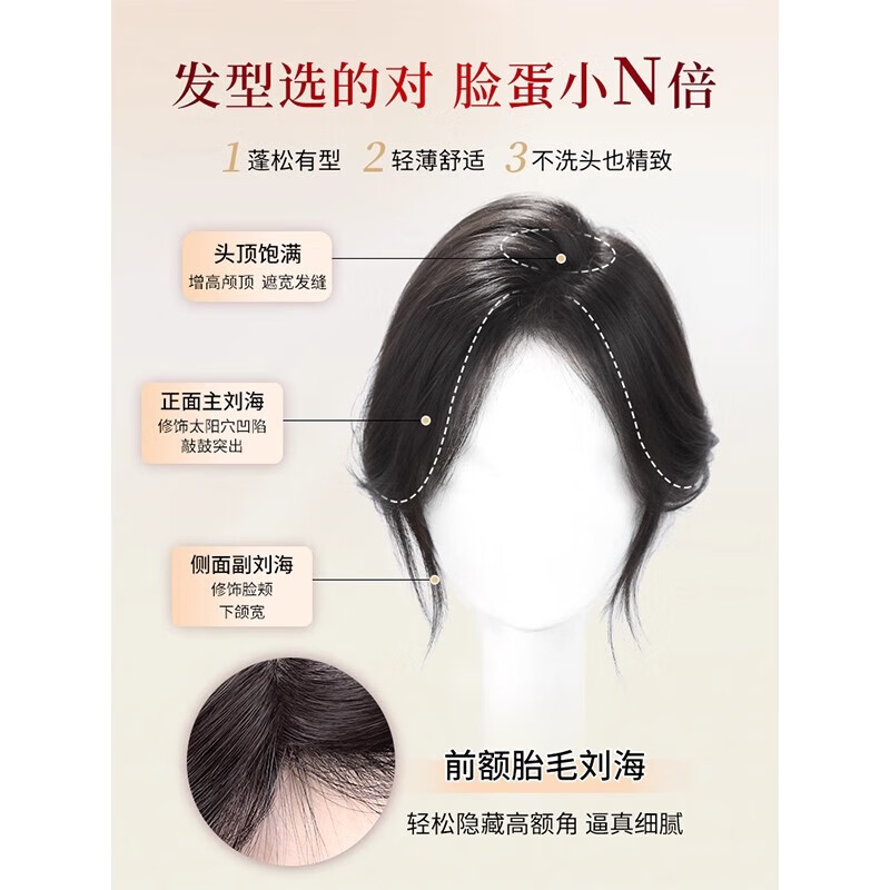 Wig for women, fluffy hair on the top of the head, real hair replacement, high crown, light and thin, covering white hair, traceless natural replacement hair piece, horoscope, breathable hand-woven 9*10 25CM, natural color