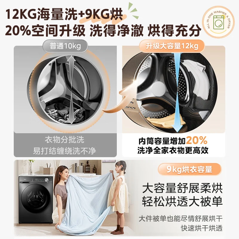 Midea drum washing machine fully automatic state subsidy 10/12kg large capacity household single washing/washing and drying machine first-level energy efficiency sterilization and mite removal trade-in 12KG washing and drying machine V36 deodorizing air wash + soft drying clothes protection