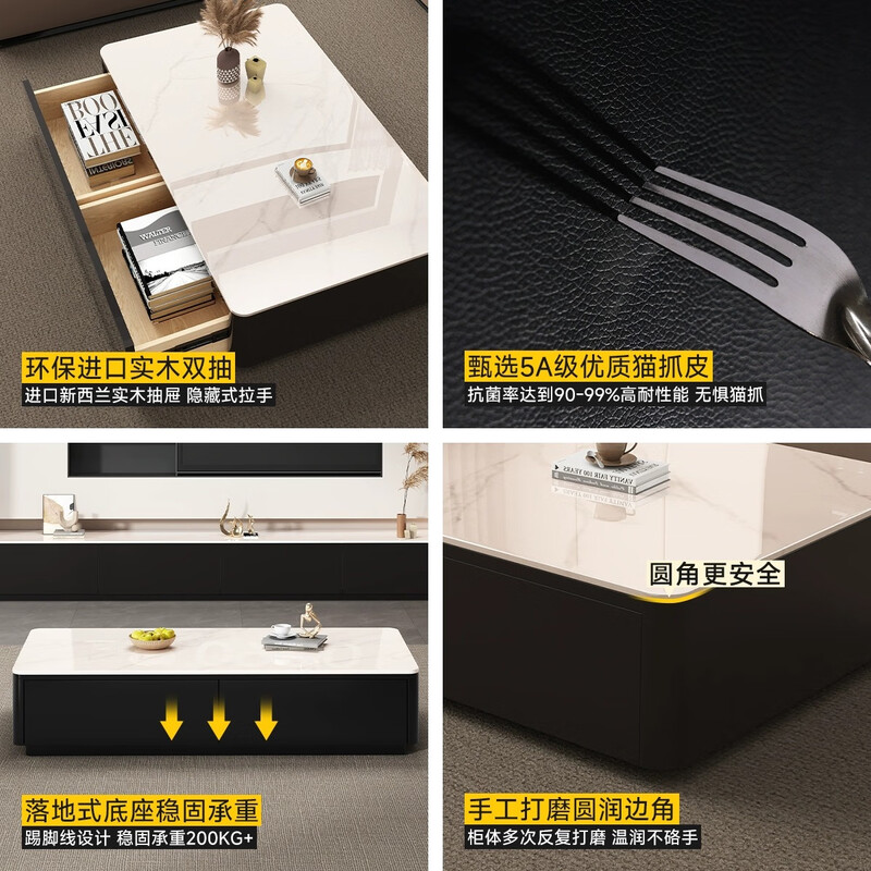 Small craftsman material slate coffee table living room household small apartment light luxury high-end floor tea table light luxury simple tea table black cabinet white board 14
