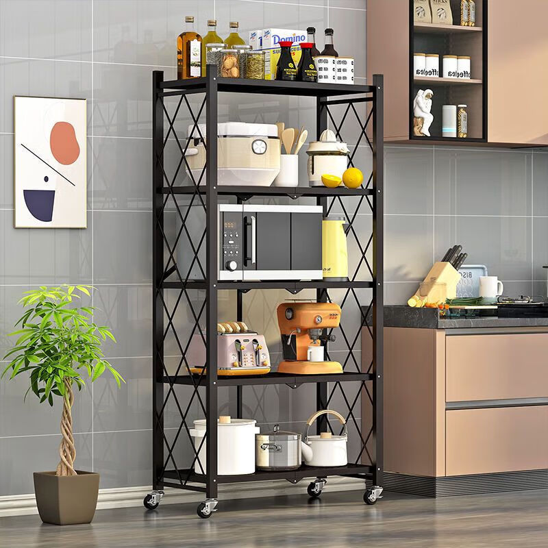 Installation-free floor-standing folding storage rack storage rack microwave oven rack living room kitchen multi-layer storage trolley pot rack thickened carbon steel black five layers - second folding + no installation required