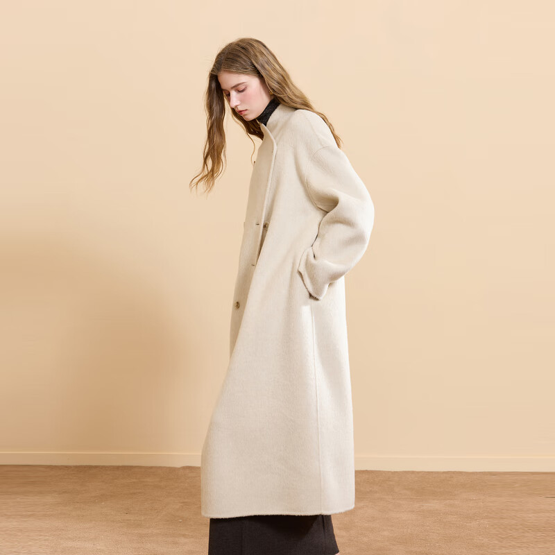 Sancai Albaka 2025 winter new double-sided woolen coat lapel double-breasted long style M