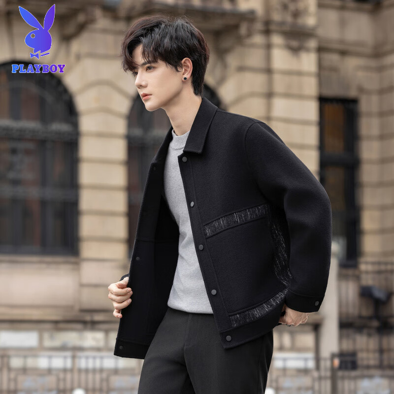 Playboy (PLAYBOY) Woolen Jacket Men's 2025 Autumn and Winter New Double-sided Wool Coat Short Men's Tops Handsome Woolen Jacket Black L