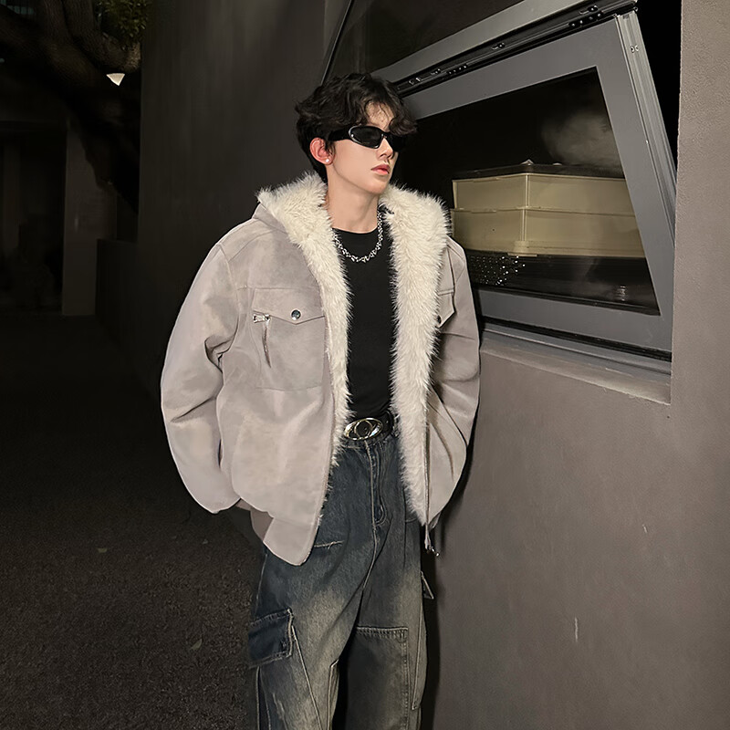 NYING mountain carved pu leather jacket men's winter new American trendy brand plus velvet thickened warm casual jacket loose top gray L (105-120 pounds)