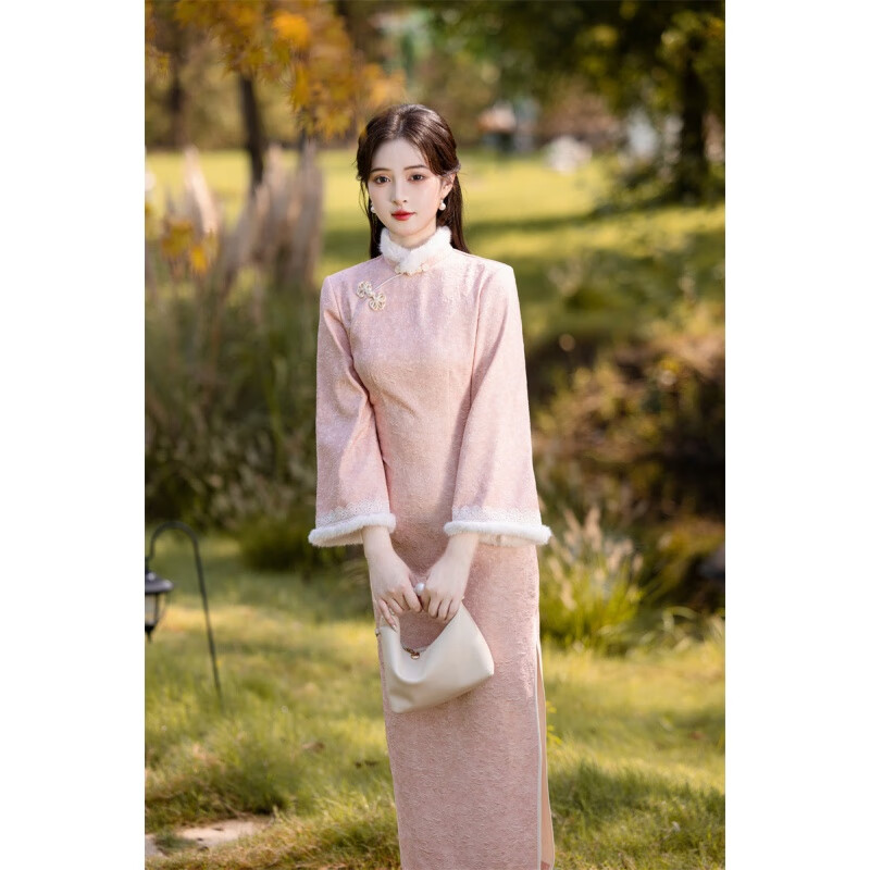 Du Yanzhi 2025 winter new style jacquard composite super soft plus velvet thickened long cheongsam light purple noble and elegant temperament cheongsam light purple plus velvet L 100-110 catties (height standard of 1.6 meters)