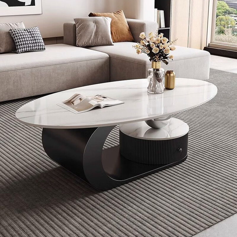 Xunbao slate coffee table modern simple living room home small apartment Italian light luxury high-end Internet celebrity oval coffee table Snow mountain white slate coffee table 120*60 + side table