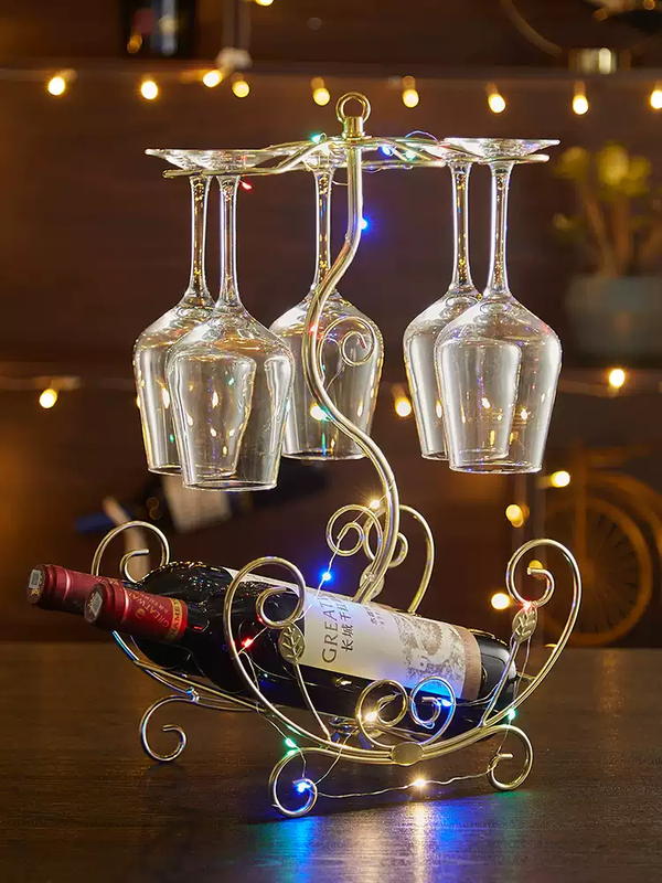Fantasy creative wine rack, home wine bottle rack, upside-down wine glass rack, European style wine cabinet ornaments, wine rack, small flower boat - gold + 6 180ml wine glasses