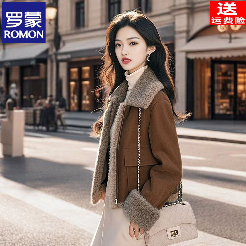 ROMON's popular hot style this year, unique and super good-looking, warm brown fur all-in-one lamb velvet thick coat for women in autumn and winter, brown leather, classic style S, recommended 80-100 pounds