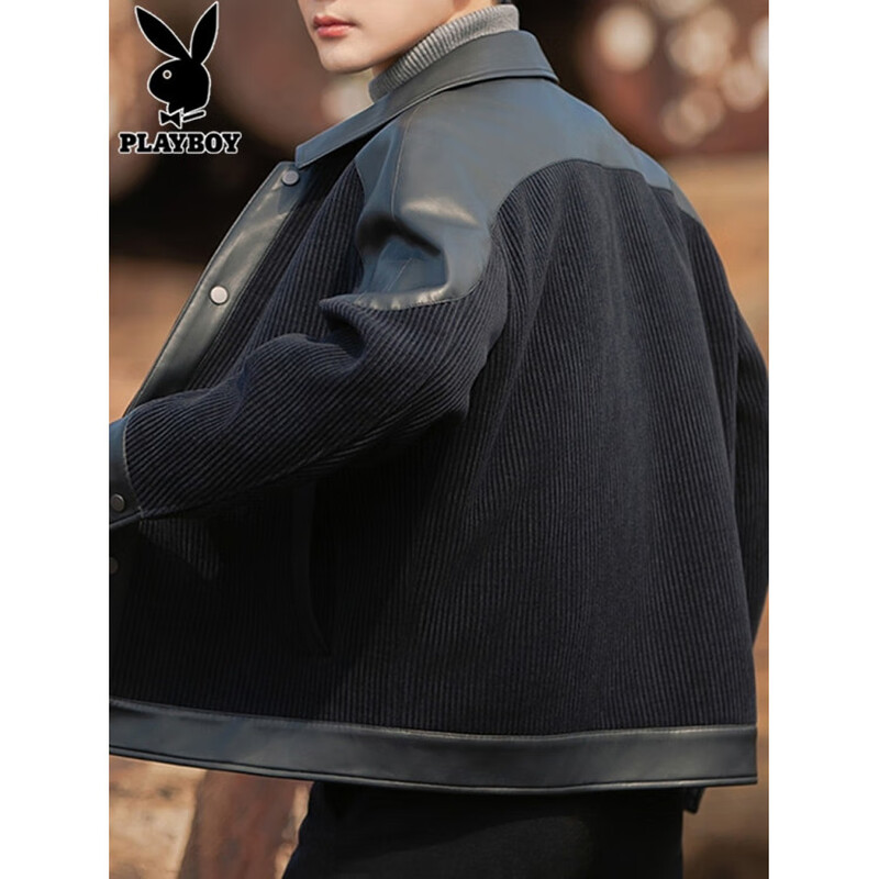 Playboy (PLAYBOY) Lapel Jacket Men's Autumn Trendy Handsome Loose Spliced Leather Jacket Men's Spring and Autumn Style 3076 Black XL