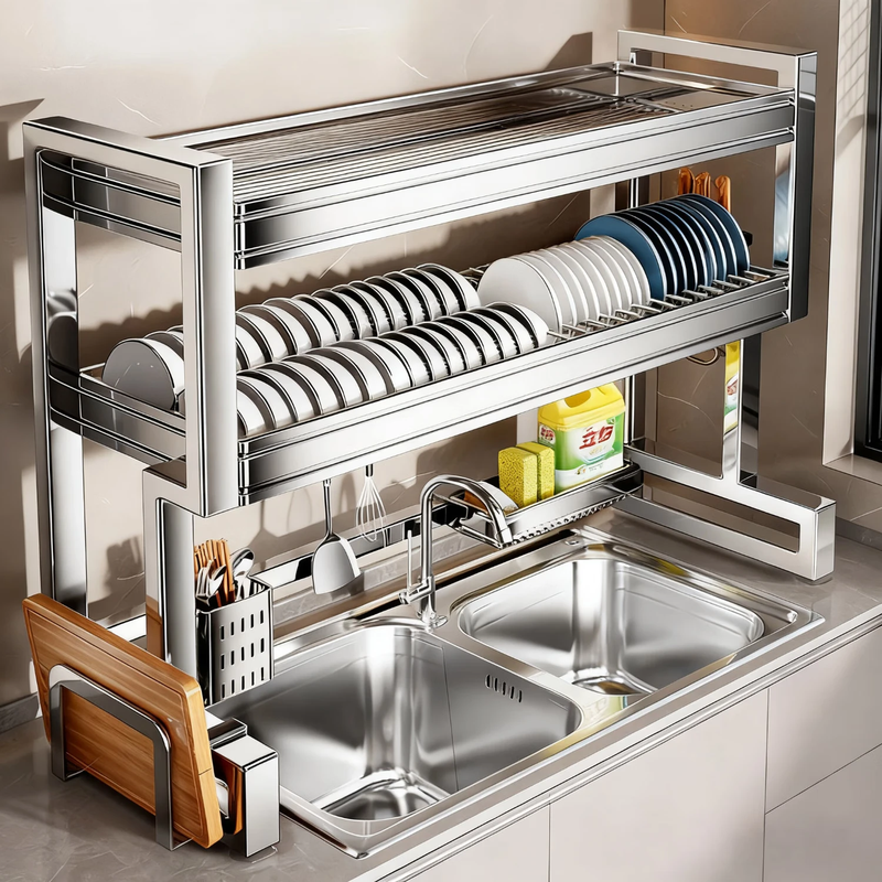 Benwang (BW) stainless steel thickened kitchen sink storage rack drain rack sink side drain basket countertop sink dish storage rack double layer thickened 304 stainless steel 66cm free five-piece set