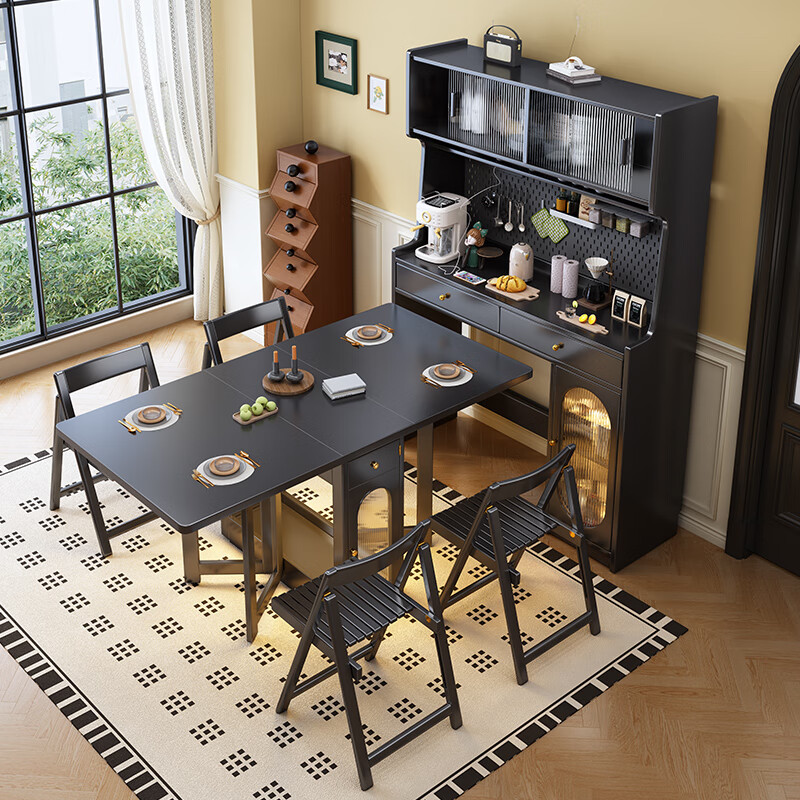 Senneng antique-style solid wood sideboard and dining table integrated for small apartments, foldable telescopic storage cabinet, wine cabinet, wall-mounted sideboard, 1.2m sideboard + 1.4m dining table + dining chairs*4