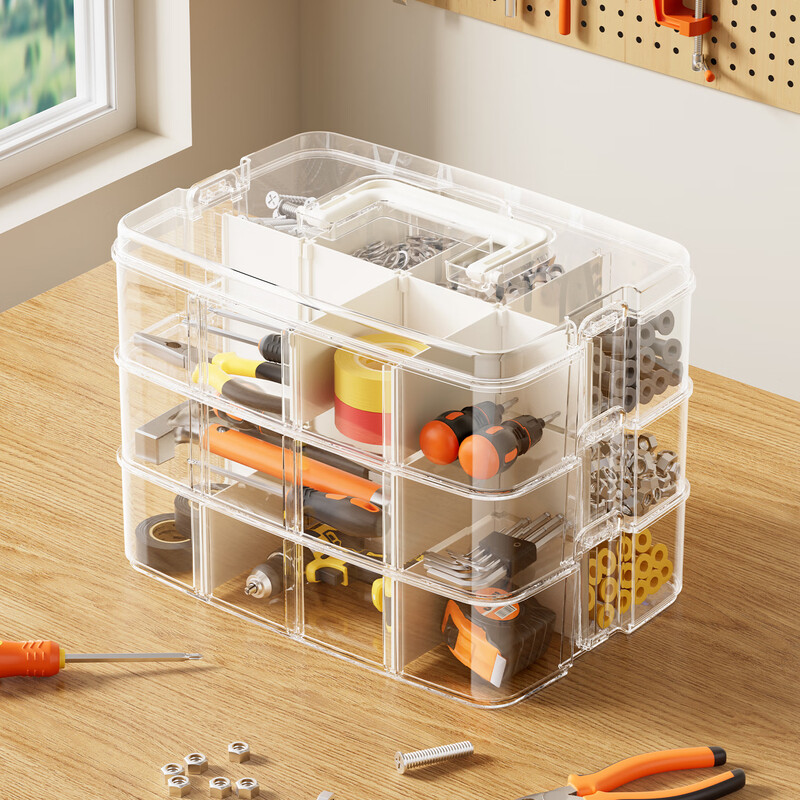 Fengshang 3-layer tool parts box, multi-grid portable transparent screw storage box, electronic component building blocks, Lego plastic box