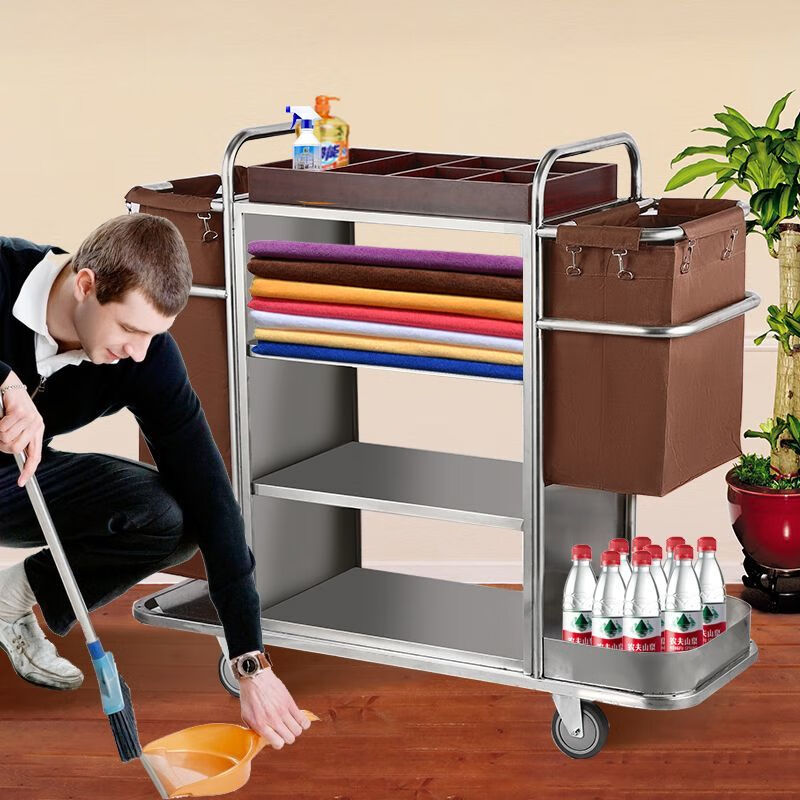 Hotel room multifunctional hand push linen cart cleaning work cart cleaning cart cloth bag guest room entrance hygiene service cart special price single side (4-inch ordinary wheel)
