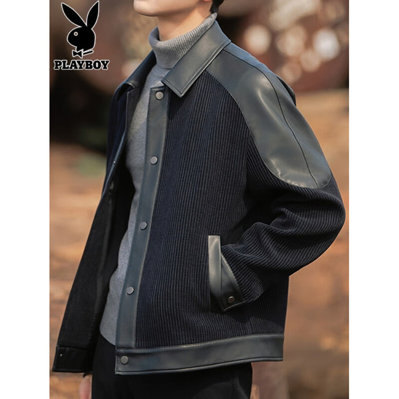 Playboy (PLAYBOY) Lapel Jacket Men's Autumn Trendy Handsome Loose Spliced Leather Jacket Men's Spring and Autumn Style 3076 Black XL