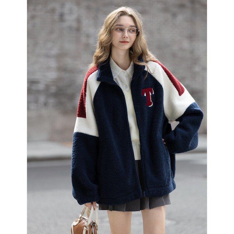 TonLion 2025 Winter Women's Stand Collar Contrast Color Splicing One-Hand-Length Imitation Lamb Hair Jacket