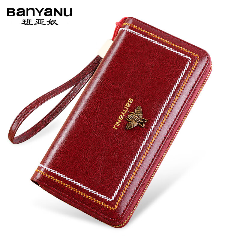 Banyanu wallet women's long style 2025 new genuine leather large capacity multifunctional wallet simple retro clutch women's wallet burgundy (oil wax cowhide) - anti-theft brush