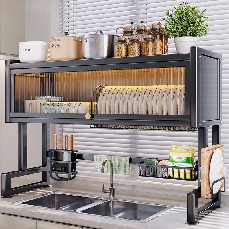 Jingyouyu German kitchen sink rack wash basin dustproof bowl counter top storage tableware multifunctional storage rack black - main rack length 65cm + 6 hooks