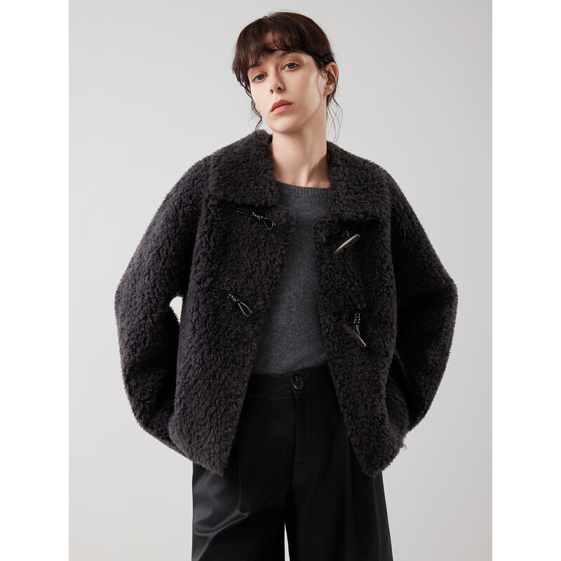ELLE Sheep Wool Horn Button Plush Short Jacket Women 2025 Winter New New Year Retro Commuting Lamb Wool Top Dark Gray M