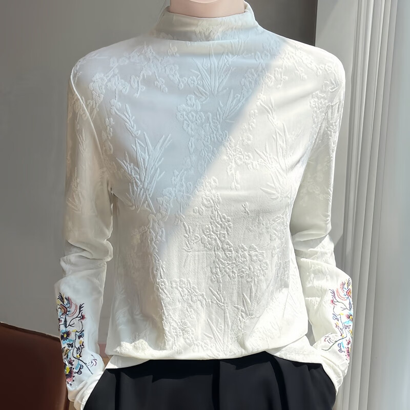 Suding women's original brand flagship store versatile half turtleneck/round neck heavy industry exquisite embroidery bottoming T-shirt autumn half turtleneck off-white XL