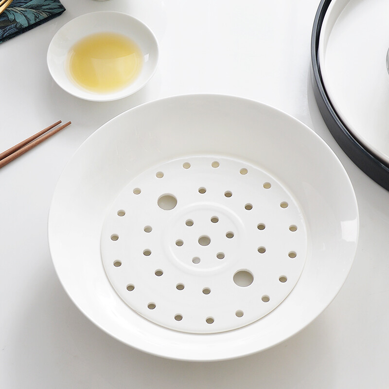 Guoyue bone china dumpling plate double-layer drained rice plate gold-rimmed dumpling plate household European large ceramic deep plate pure white drained dumpling plate (bone china) 26cm 2 pieces