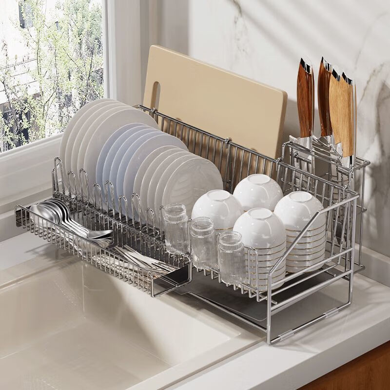 Vinoa Yilu drain rack stainless steel dish storage rack multi-functional household kitchen dishes drain basket stainless steel dish rack + chopsticks blue lengthened and widened