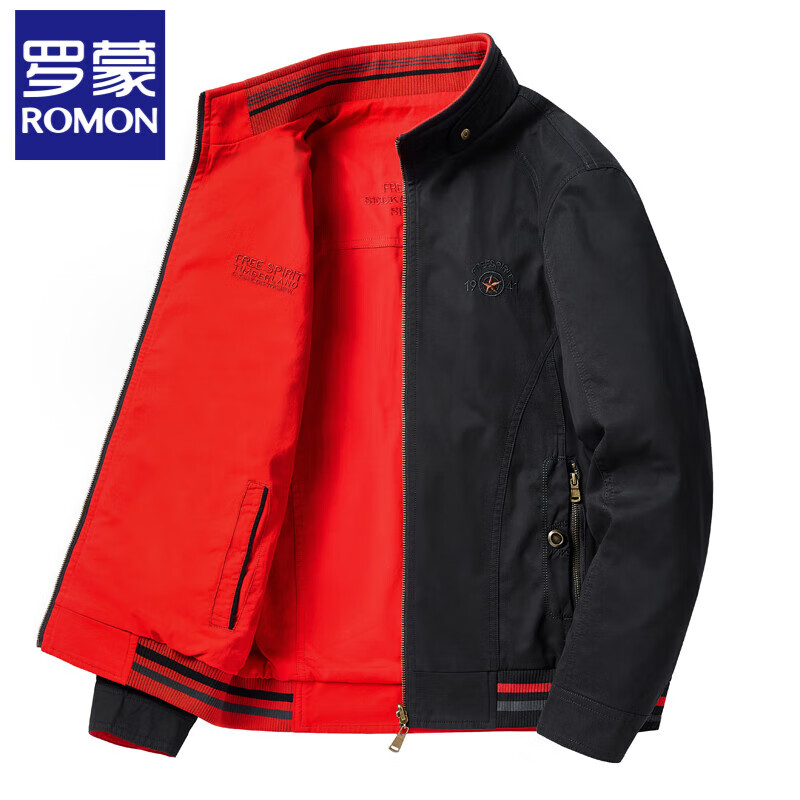 Romon Reversible Jacket Men's Spring and Autumn Pure Cotton Middle-aged Men's Stand-up Collar Top Loose Large Size Dad Casual Jacket