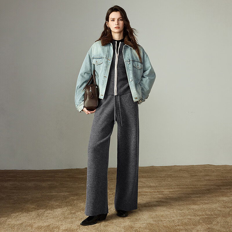 Chuyu Contrast Color Sweater Jacket Wide Leg Pants Women's 2025 Winter New Thick Sports Style Two-piece Suit Dark Gray M
