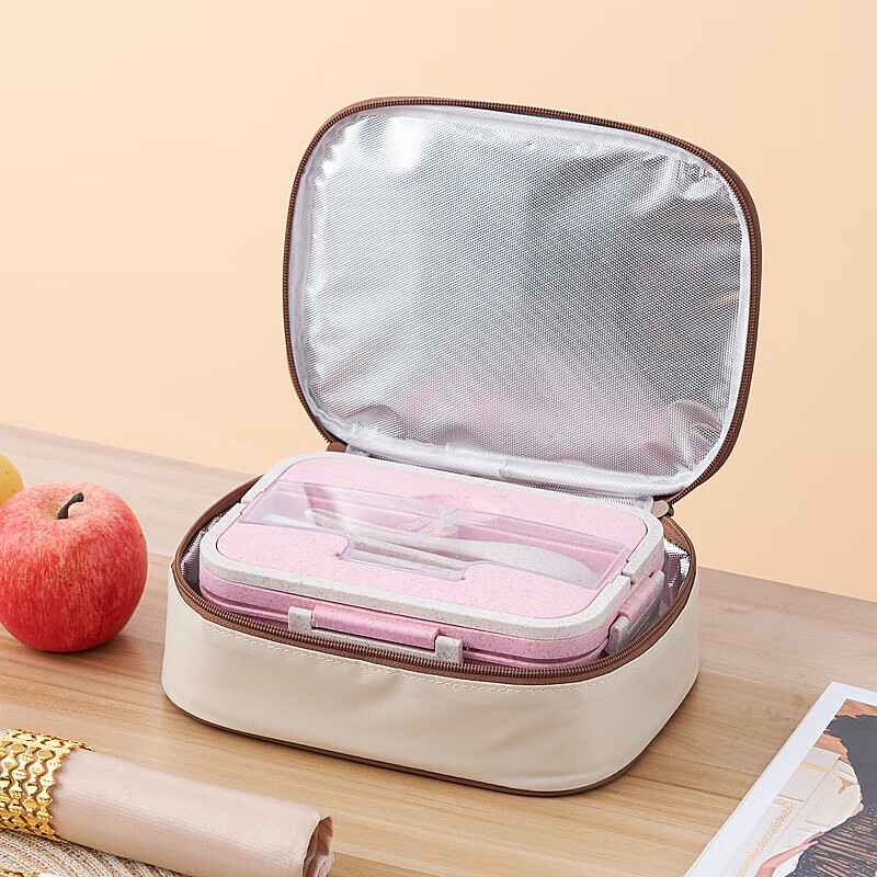 DONGRAN insulation bag thickened aluminum foil rectangular round large-capacity lunch box bag student office worker portable lunch bag with rice off-white oval heightening