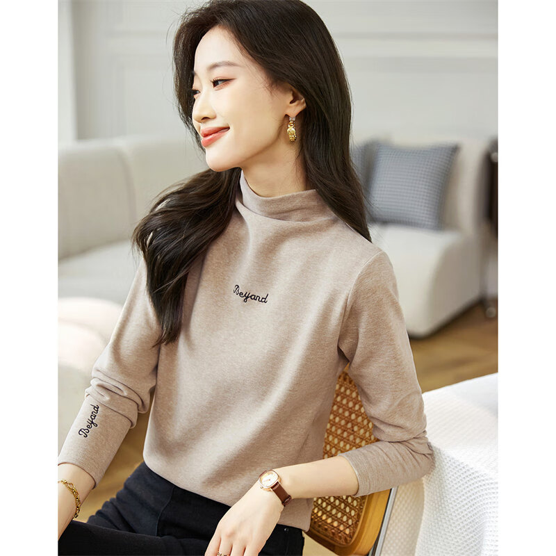 Shangjing Korean style trendy bottoming shirt winter letter embroidery simple stand-up collar top