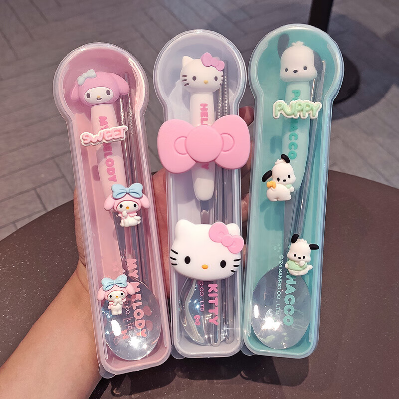 Shiganu Sanrio 304 stainless steel portable tableware single child cartoon chopsticks spoon office worker three-piece set genuine kitty (free three-dimensional stickers)