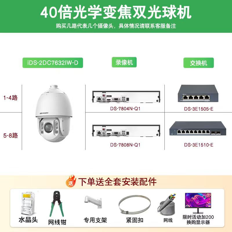 Hikvision long-distance high-magnification optical zoom camera, smart PTZ cruise, face capture, 7-inch dome camera, outdoor security monitoring multi-scene solution to solve mobile phone remote 40x optical zoom | 4 million-7 channels 2T hard drive